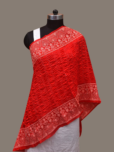 Red Bandhani Silk Stole with Embroidary Work Design - Global Threads - Distacart