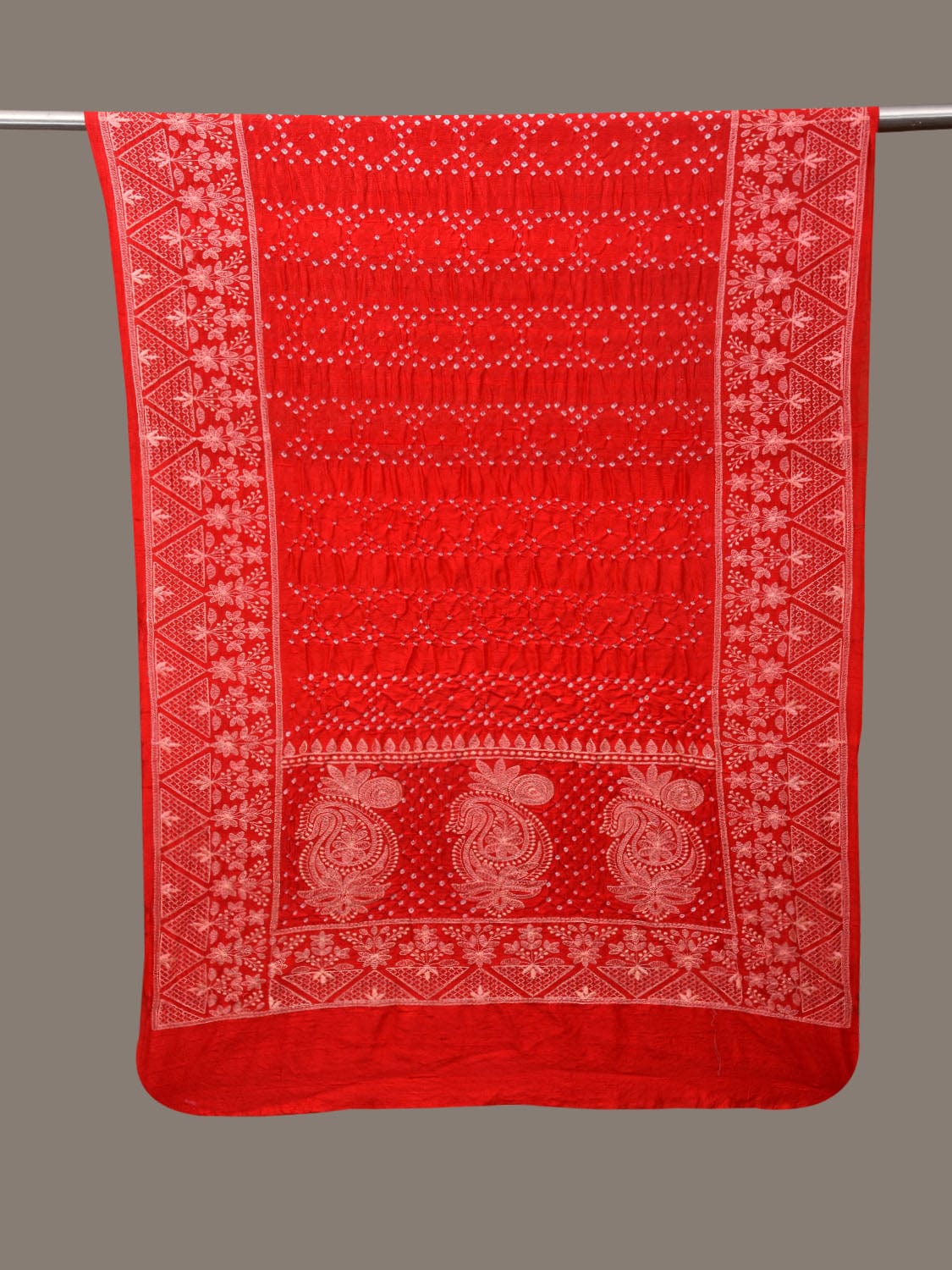 Red Bandhani Silk Stole with Embroidary Work Design - Global Threads - Distacart