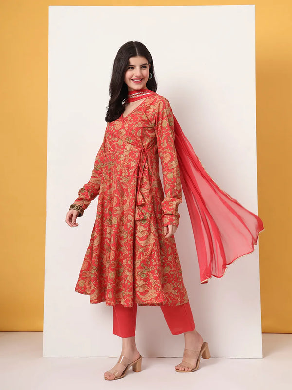 Yufta Red Cotton Anarkali Kurta With Dobby Dupatta Set