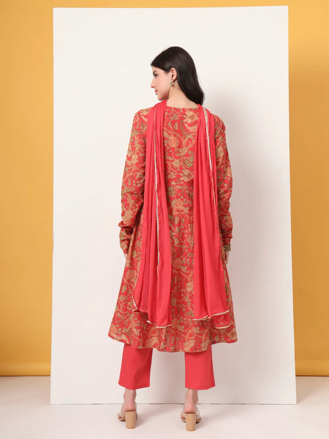 Yufta Red Cotton Anarkali Kurta With Dobby Dupatta Set
