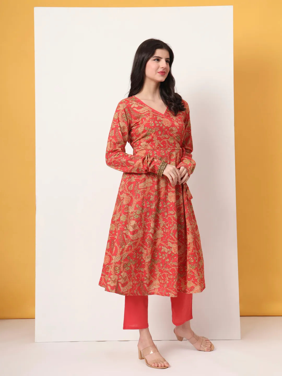 Yufta Red Cotton Anarkali Kurta With Dobby Dupatta Set