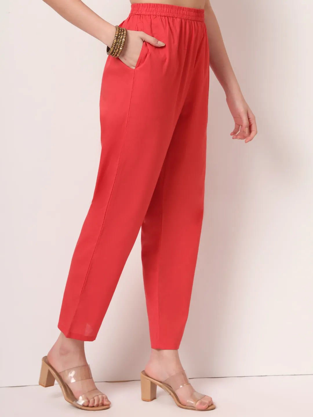 Yufta Red Cotton Anarkali Kurta With Dobby Dupatta Set