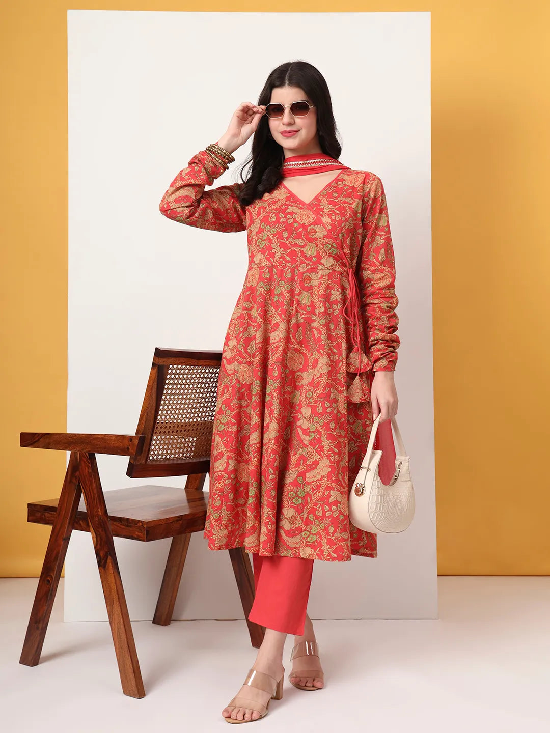 Yufta Red Cotton Anarkali Kurta With Dobby Dupatta Set