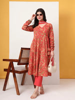Thumbnail for Yufta Red Cotton Anarkali Kurta With Dobby Dupatta Set