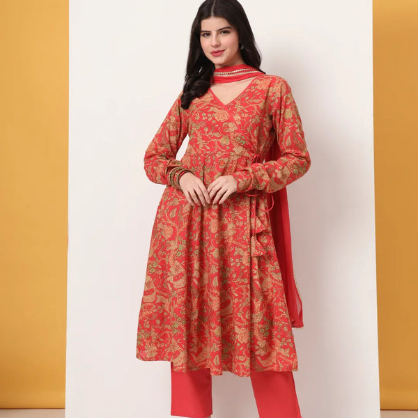 Yufta Red Cotton Anarkali Kurta With Dobby Dupatta Set - Distacart