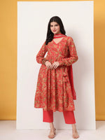 Thumbnail for Yufta Red Cotton Anarkali Kurta With Dobby Dupatta Set
