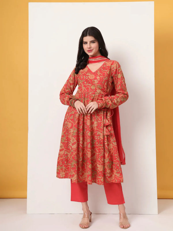 Yufta Red Cotton Anarkali Kurta With Dobby Dupatta Set