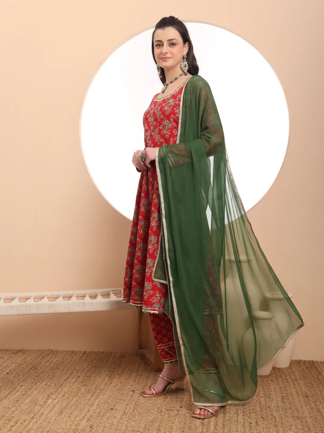 Yufta Red Cotton Long Sleeve Anarkali Kurta Dupatta Set - Distacart