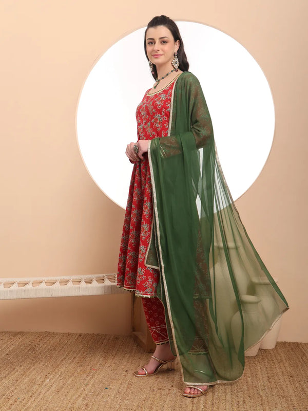 Yufta Red Cotton Long Sleeve Anarkali Kurta Dupatta Set