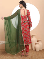 Thumbnail for Yufta Red Cotton Long Sleeve Anarkali Kurta Dupatta Set