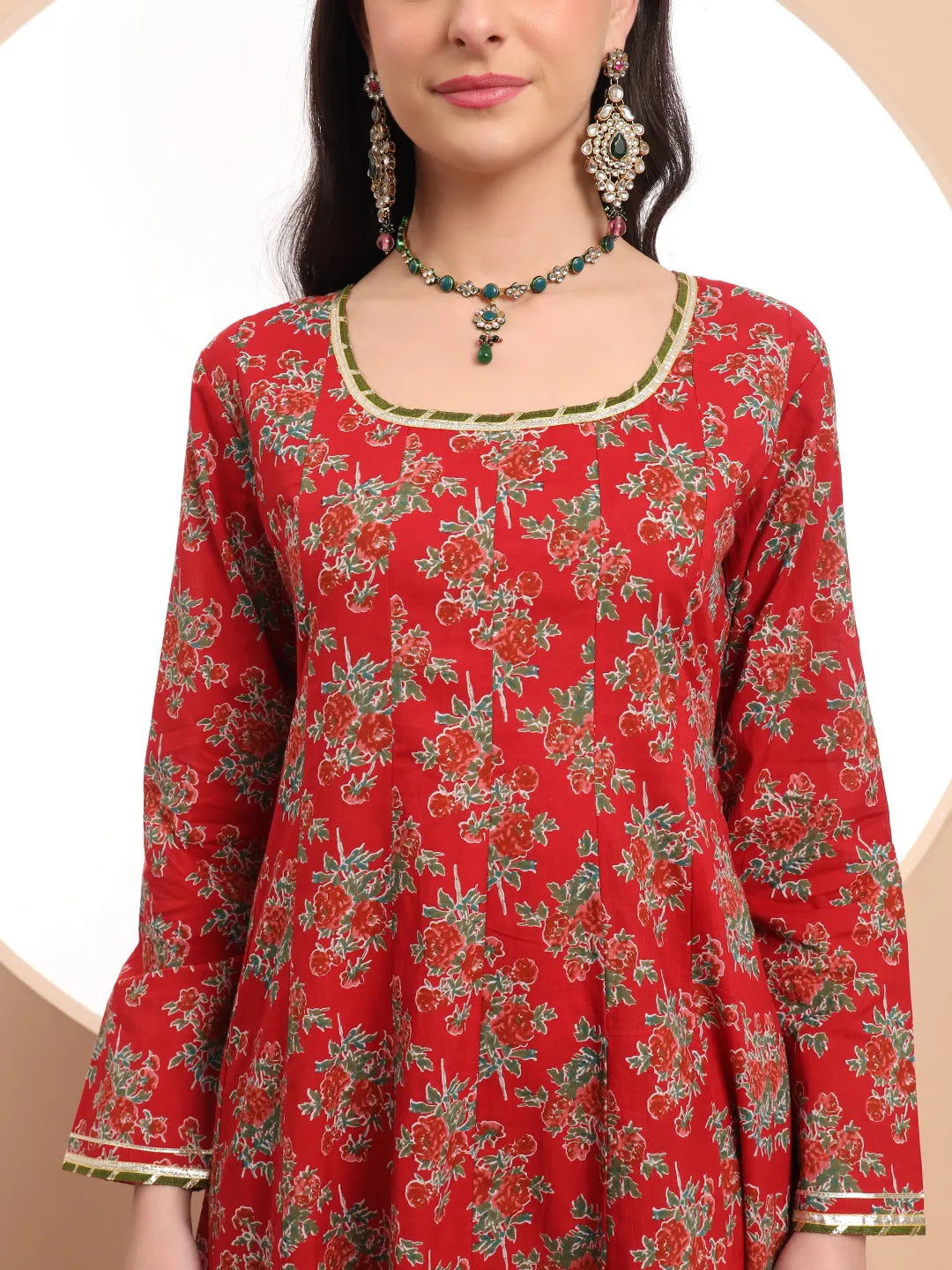 Yufta Red Cotton Long Sleeve Anarkali Kurta Dupatta Set