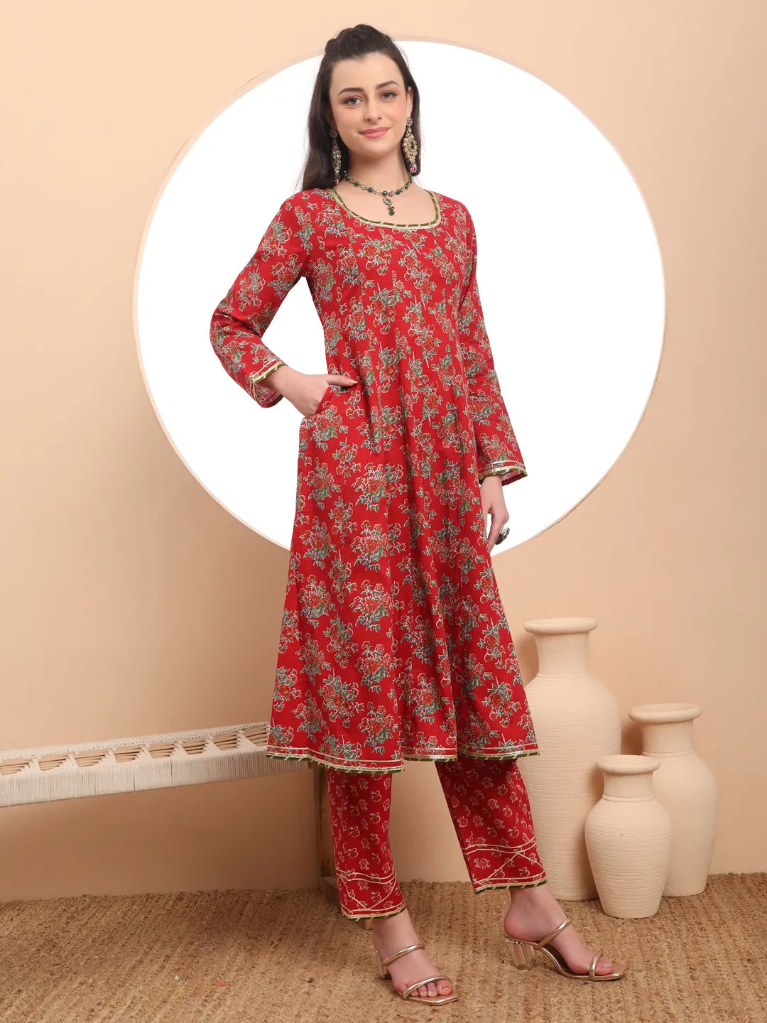 Yufta Red Cotton Long Sleeve Anarkali Kurta Dupatta Set