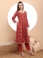 Thumbnail for Yufta Red Cotton Long Sleeve Anarkali Kurta Dupatta Set