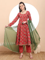 Thumbnail for Yufta Red Cotton Long Sleeve Anarkali Kurta Dupatta Set