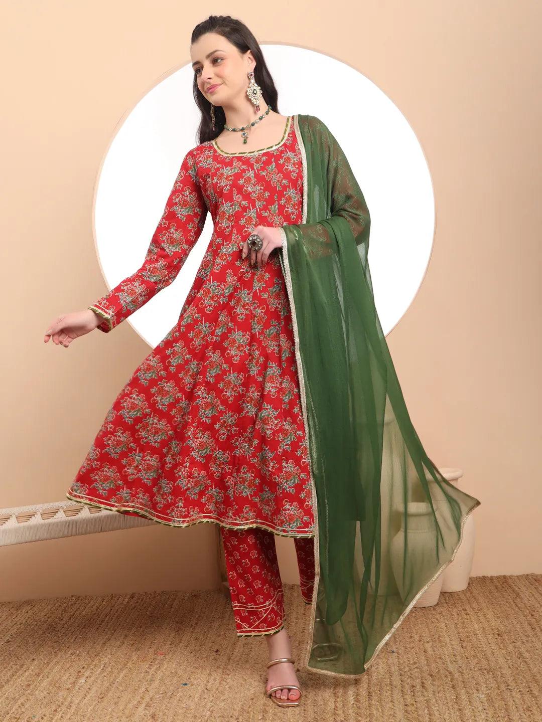 Yufta Red Cotton Long Sleeve Anarkali Kurta Dupatta Set