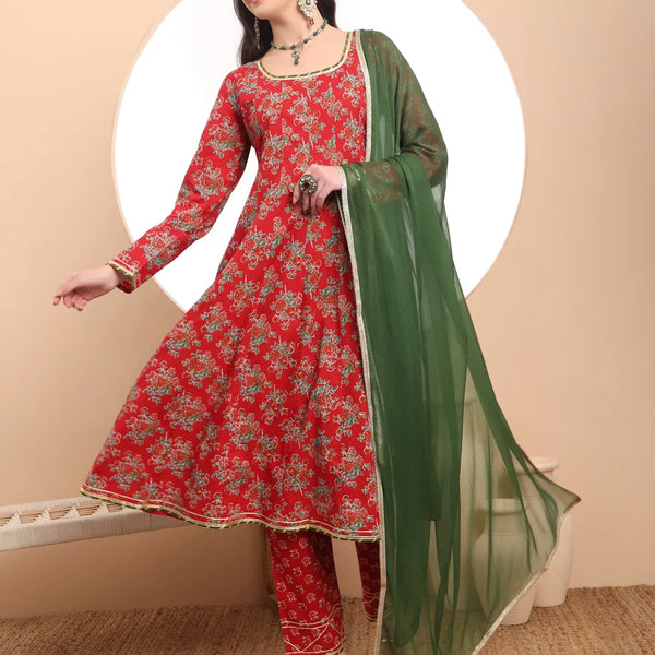 Yufta Red Cotton Long Sleeve Anarkali Kurta Dupatta Set - Distacart
