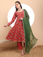 Thumbnail for Yufta Red Cotton Long Sleeve Anarkali Kurta Dupatta Set