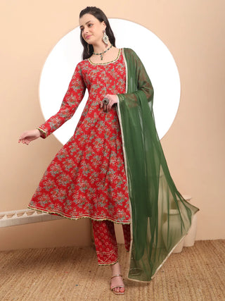 Yufta Red Cotton Long Sleeve Anarkali Kurta Dupatta Set - Distacart