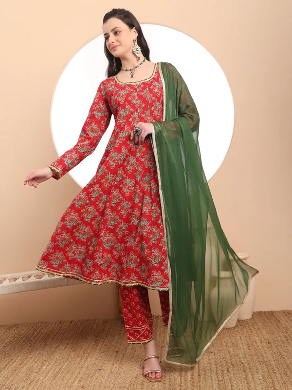 Yufta Red Cotton Long Sleeve Anarkali Kurta Dupatta Set