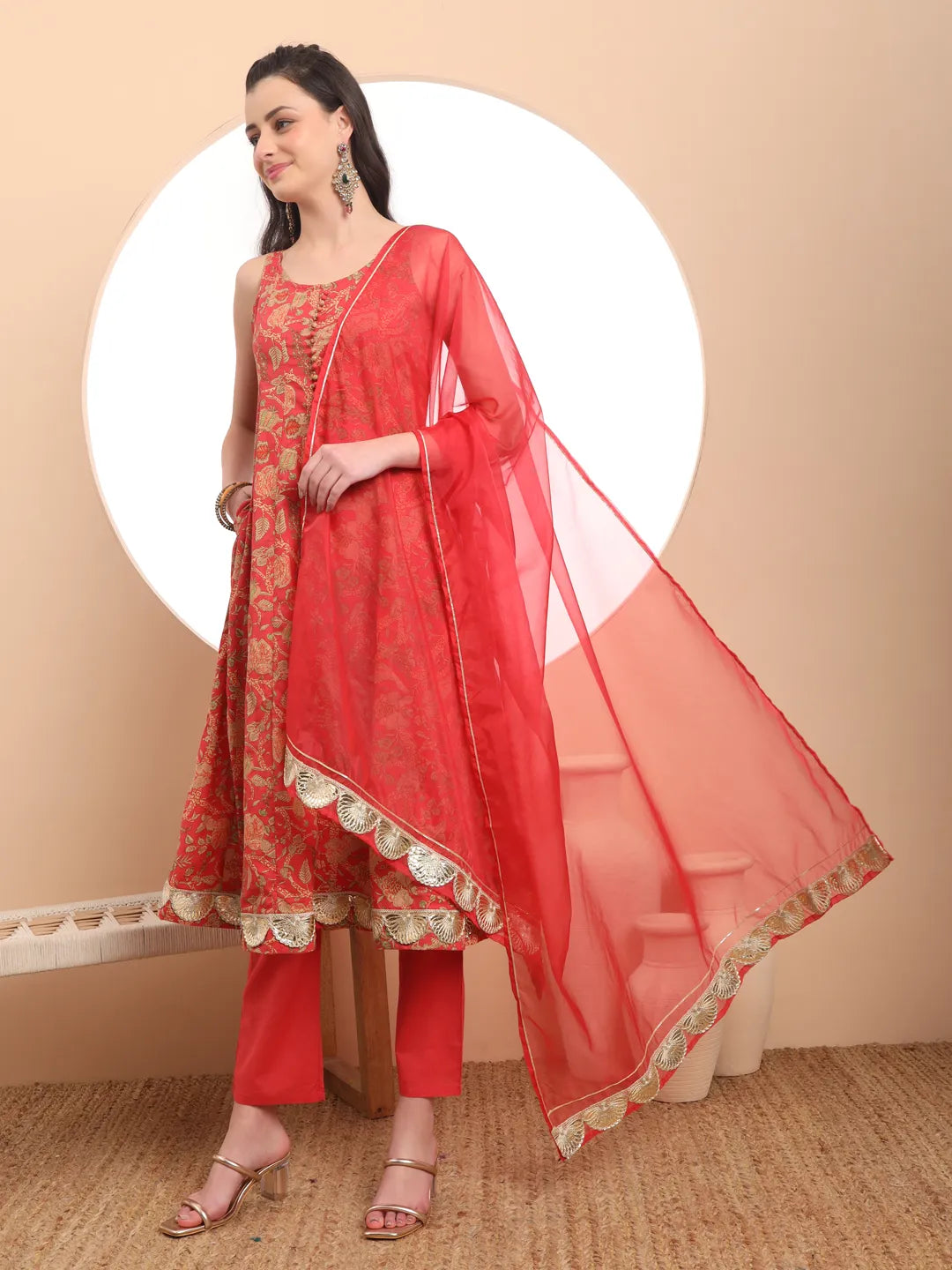 Yufta Red Cotton Sleeveless Anarkali Kurta Dupatta Set - Distacart
