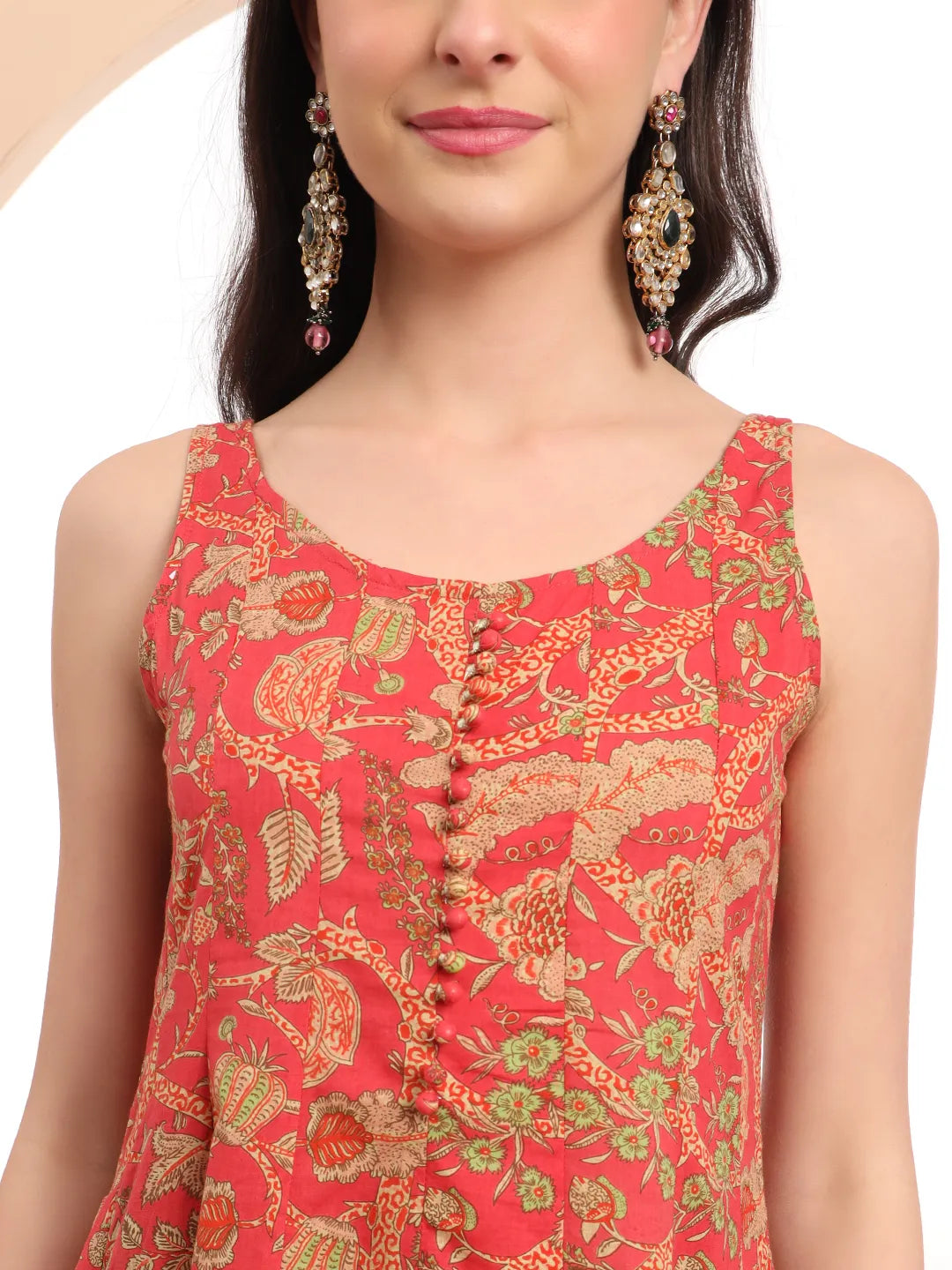 Yufta Red Cotton Sleeveless Anarkali Kurta Dupatta Set