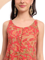 Thumbnail for Yufta Red Cotton Sleeveless Anarkali Kurta Dupatta Set