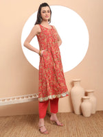Thumbnail for Yufta Red Cotton Sleeveless Anarkali Kurta Dupatta Set