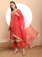 Thumbnail for Yufta Red Cotton Sleeveless Anarkali Kurta Dupatta Set