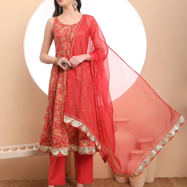 Yufta Red Cotton Sleeveless Anarkali Kurta Dupatta Set - Distacart