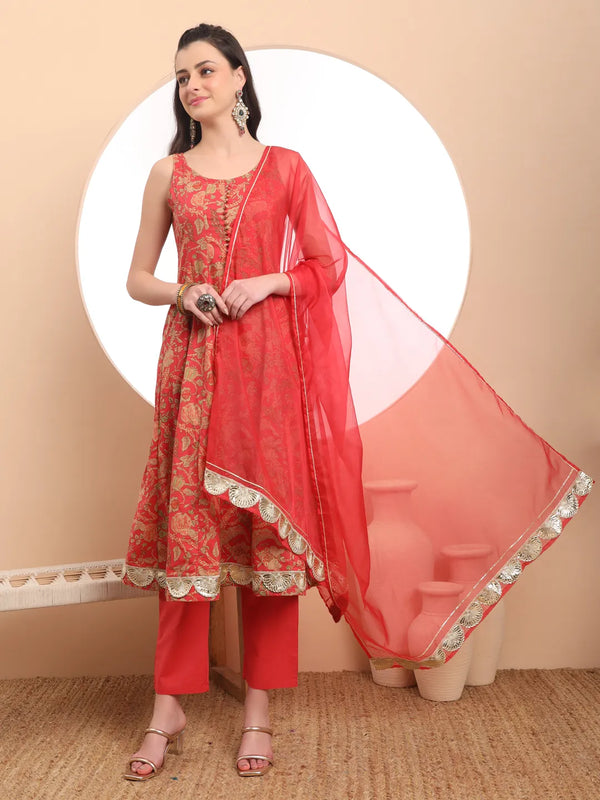 Yufta Red Cotton Sleeveless Anarkali Kurta Dupatta Set