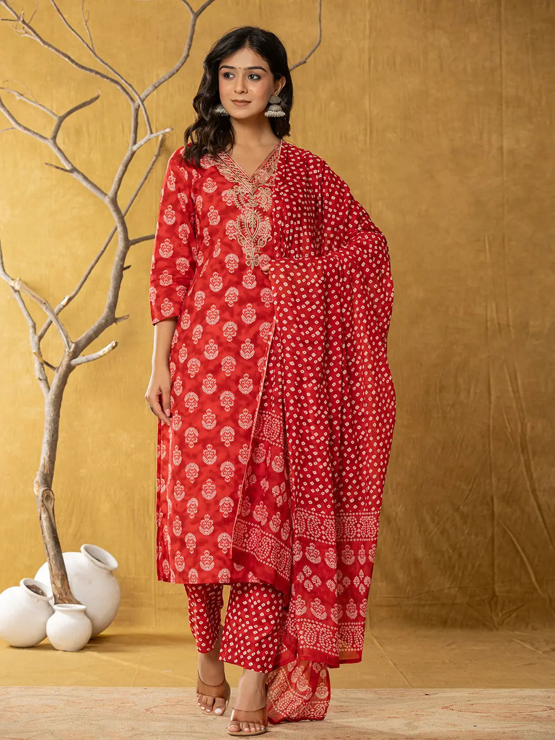 Yufta Red Cotton Zari Work Straight Kurta Dupatta Set - Distacart