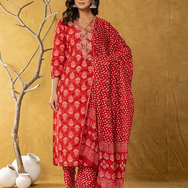 Yufta Red Cotton Zari Work Straight Kurta Dupatta Set - Distacart