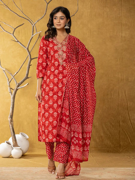 Yufta Red Cotton Zari Work Straight Kurta Dupatta Set