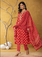 Thumbnail for Yufta Red Cotton Zari Work Straight Kurta Dupatta Set