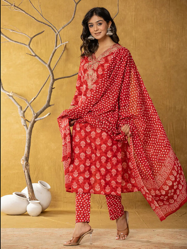 Yufta Red Cotton Zari Work Straight Kurta Dupatta Set