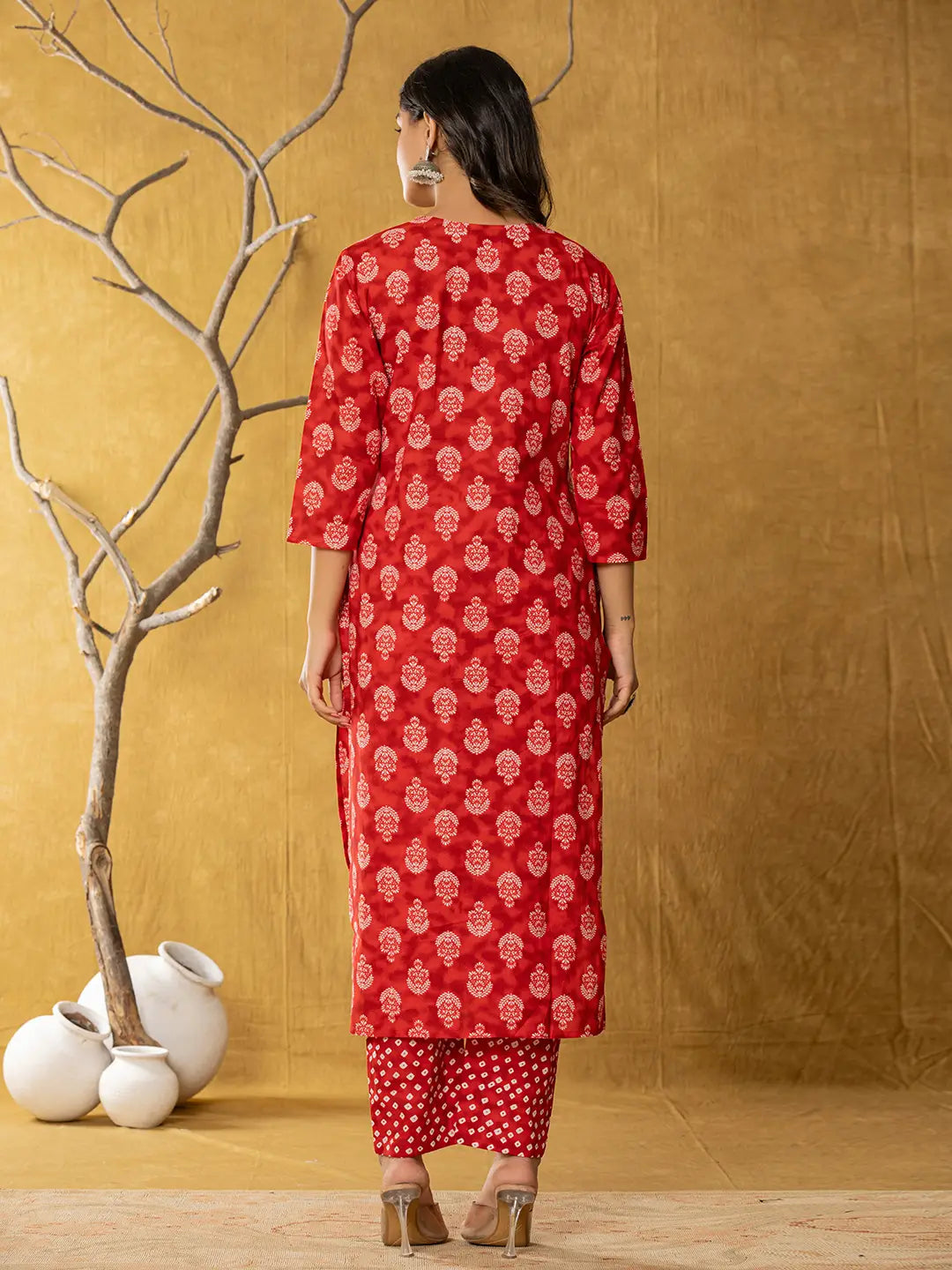 Yufta Red Cotton Zari Work Straight Kurta Dupatta Set