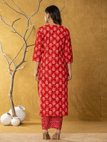 Thumbnail for Yufta Red Cotton Zari Work Straight Kurta Dupatta Set