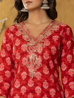 Thumbnail for Yufta Red Cotton Zari Work Straight Kurta Dupatta Set