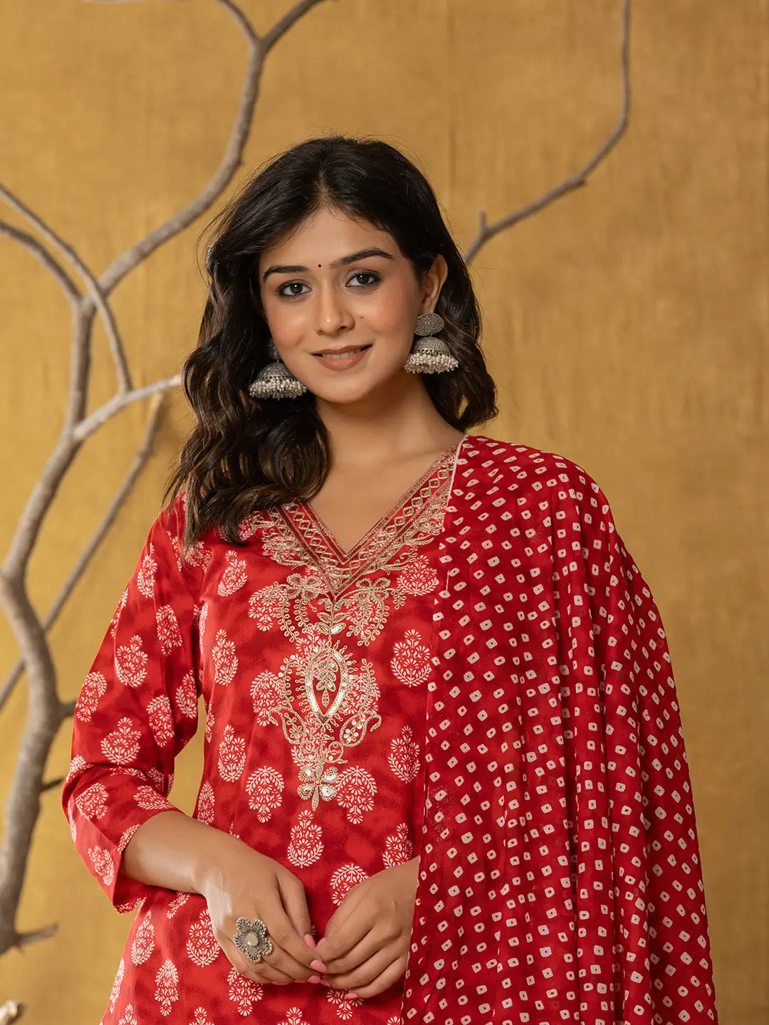 Yufta Red Cotton Zari Work Straight Kurta Dupatta Set