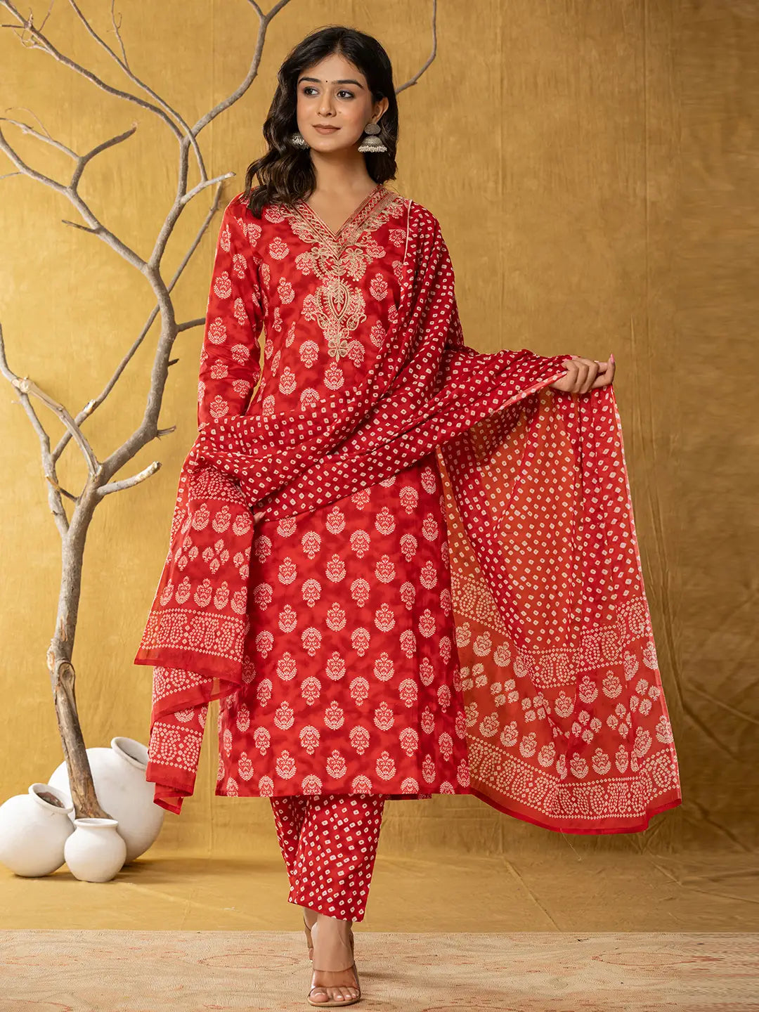 Yufta Red Cotton Zari Work Straight Kurta Dupatta Set