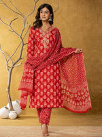 Thumbnail for Yufta Red Cotton Zari Work Straight Kurta Dupatta Set