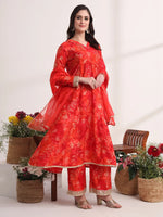 Thumbnail for Yufta Red Ethnic Motifs Lace Work Anarkali Kurta And Trouser With Dupatta Set