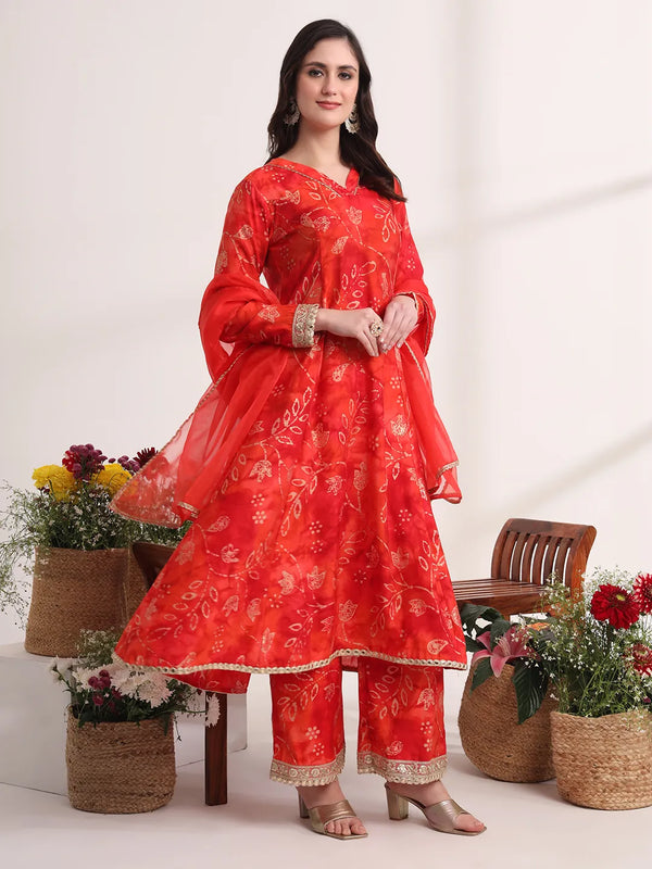 Yufta Red Ethnic Motifs Lace Work Anarkali Kurta And Trouser With Dupatta Set