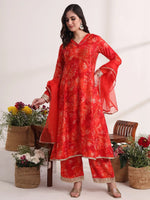Thumbnail for Yufta Red Ethnic Motifs Lace Work Anarkali Kurta And Trouser With Dupatta Set