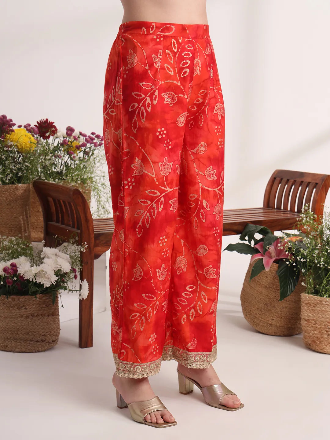 Yufta Red Ethnic Motifs Lace Work Anarkali Kurta And Trouser With Dupatta Set