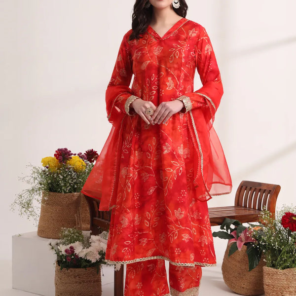 Yufta Red Ethnic Motifs Lace Work Anarkali Kurta And Trouser With Dupatta Set - Distacart