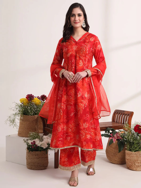 Yufta Red Ethnic Motifs Lace Work Anarkali Kurta And Trouser With Dupatta Set