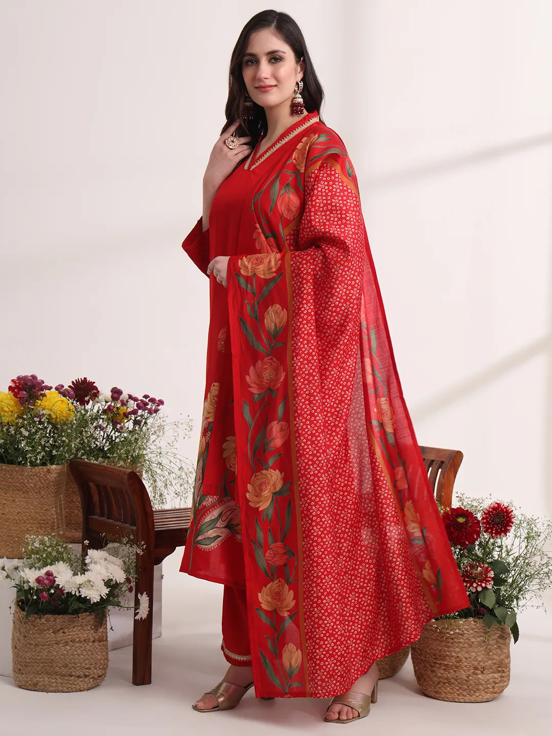 Yufta Red Floral Lace Work Straight Kurta And Trouser With Dupatta Set - Distacart