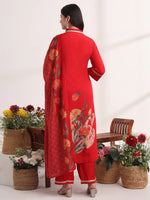 Thumbnail for Yufta Red Floral Lace Work Straight Kurta And Trouser With Dupatta Set