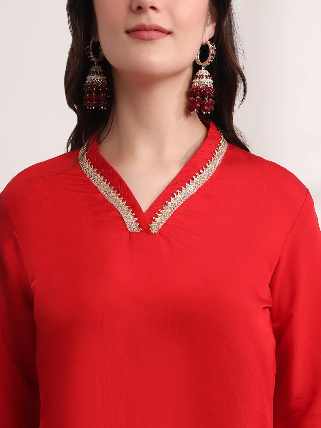 Yufta Red Floral Lace Work Straight Kurta And Trouser With Dupatta Set
